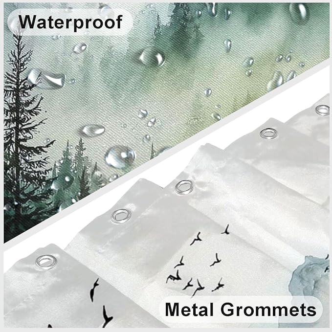 mutakin Mountain Tree Shower Curtain Watercolor Landscape Shower Curtains for Bathroom Waterproof Fabric Bath Curtain Decor with Hooks