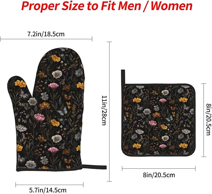 Oven Mitts and Pot Holders Sets of 4 Flower Butterfly Boho Botanical Kitchen Potholder Gloves Heat Resistant Non-Slip for Chef Baking Cooking Grilling BBQ Mittens