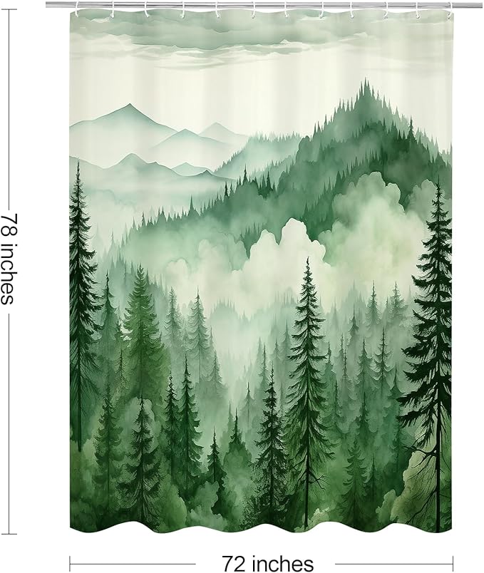 Litabel Green Long Misty Pine Forest Shower Curtain 72 x 78, Mountain Foggy Woodland Scenery Tree 78 Inch Long Shower Curtains for Bathroom, Abstract Waterproof Nature-Themed Decor