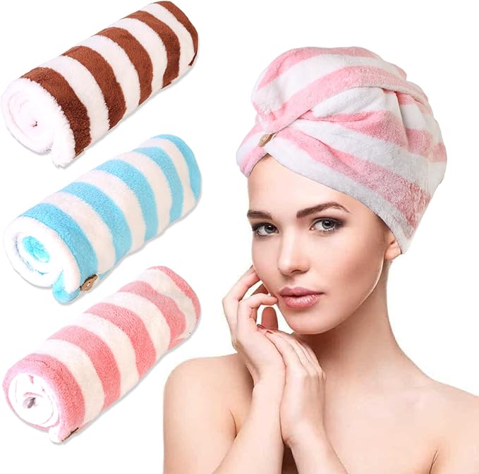 YHPDYL 3 Pack Microfiber Hair Towel Wrap for Women, Fast Drying Hair Turban with Button, Anti-Frizz Large Hair Towel for All Hair Styles, Soft & Absorbent Hair Drying Towel