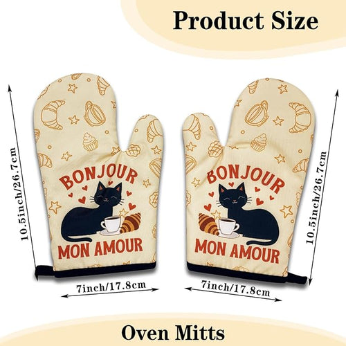 2 Pack Funny Black Cat Oven Mitts, Bonjour Mon Amour, Heat Resistant Silicone Non-Slip Mitts, Christmas Birthday Gifts for Cat Lovers, Sweet Housewarming Gifts for Hostess Mom Wife Friend