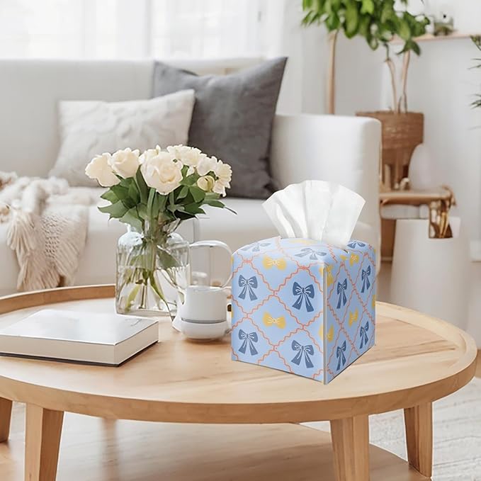 Blue Gingham Bow Tissue Box Cover Square, Vintage Leather Tissue Holder with Bottom Belt, for Nightstands Desks Office Bathroom Car Vanity Home Decor Supplies -007