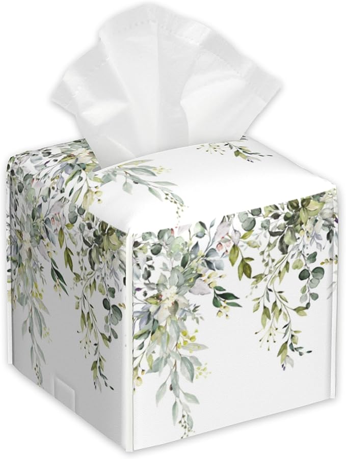 Watercolor Floral with Leaves Tissue Box Cover Square,Tissue Box Holder with Belt Bottom,Stylish Leather Napkin Holder for Vanity Countertop,Nightstands,Office Desk,5.2"×5.2"×5.2"