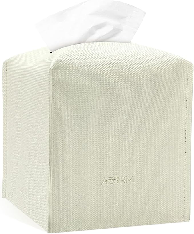 Azormi Tissue Box Cover, PU Leather Square Tissue Box Holder with Woven Pattern, Cube Tissue Box Covers with Bottom Belt, Perfect Decorative Organizer for Tabletop, car, Office, Bathroom (White)