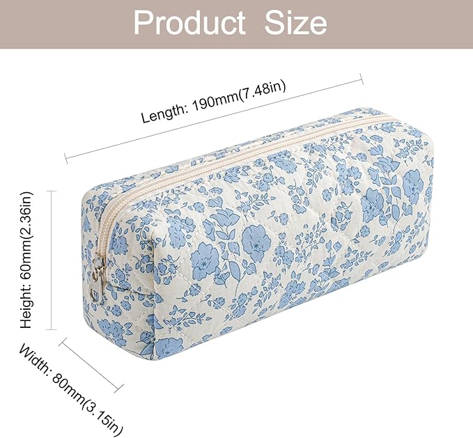 WHHJM Cute Floral Makeup Brush Bag Small Cotton Quilted Cosmetic Bag for Women Travel Toiletry Zipper Make Up Pouch (Blue Floral)