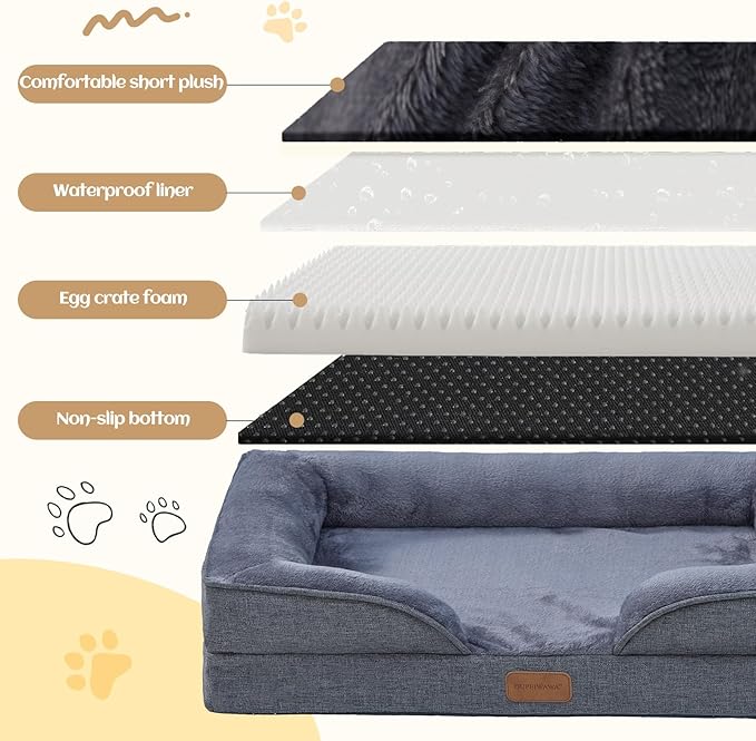 OUPEIWAWA Extra Large Dog Bed Orthopedic with Bolster Sides Removable Egg-Crate Foam Waterproof Liner Pet Bed Sofa Couch with Removable Washable Cover Non-Slip Bottom, Dark Gray