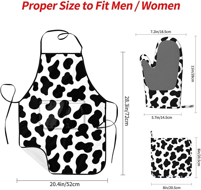 Cow Print Oven Mitts and Pot Holders with Apron 5pcs Silicone Black White Cow Kitchen Mitten Gloves and Non-Slip Potholders Apron Set Heat Resistant Cowhide Oven Gloves Hot Pads for Baking