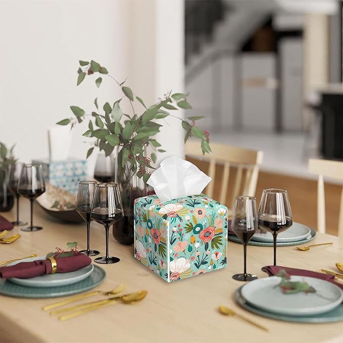 Watercolor Flowers Tissue Box Cover Square,Tissue Box Holder with Belt Bottom,Stylish Leather Napkin Holder for Vanity Countertop,Nightstands,Office Desk,5.2"×5.2"×5.2"