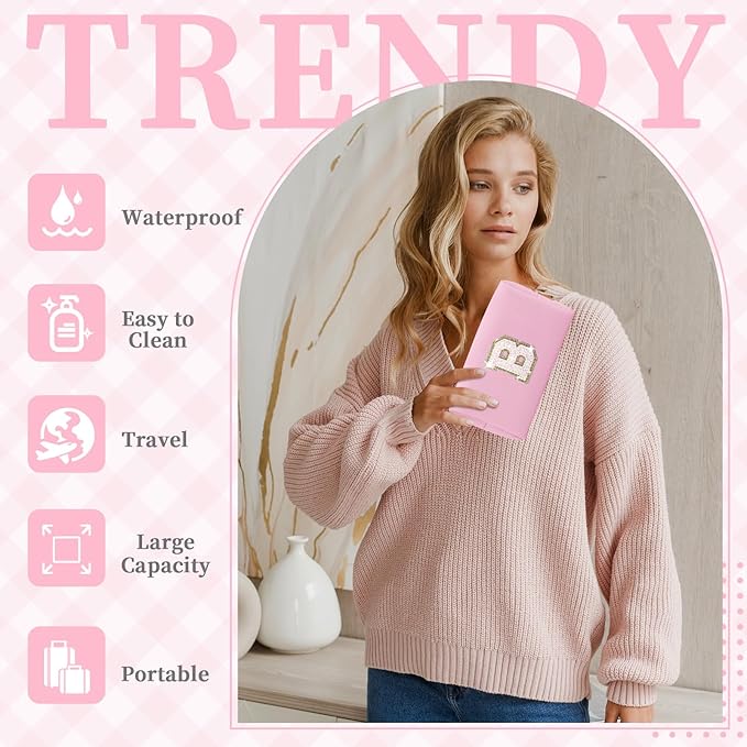 Small Personalized Initial A-Z Patch Makeup Bag,Pink Cute PU Leather Glitter Letter Cosmetic Bag for Teen Girls,Travel Toiletry Bag with Zipper,Preppy Monogrammed Birthday Gift for Daughter Niece B