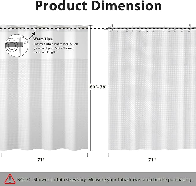 GICDSU No Hook Shower Curtain with Snap in Liner, Waffle Shower Curtain Set for Bathroom, Hotel Style with Semi-Sheer Top Window, Waterproof & Washable, White, 71" W x 80" L