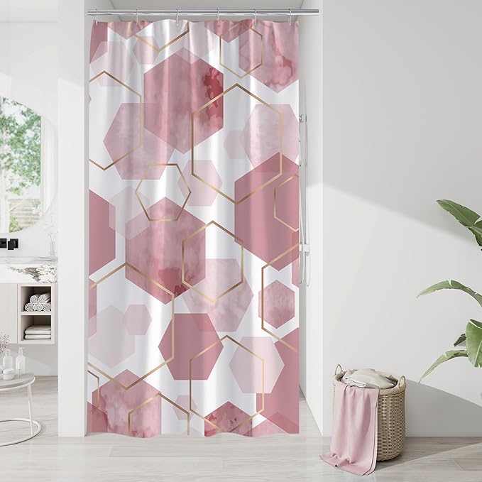 Litabel Modern Small Stall Shower Curtain for Bathroom, Pink Geometric Art Decor Waterproof Bath Curtain, Abstract Fabric Shower Curtain Sets for Home Decor, 36" W x 72" L Inch