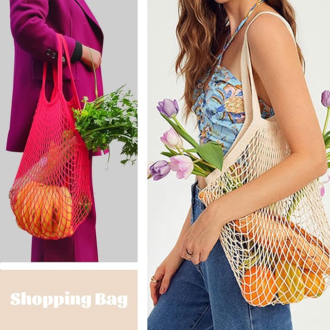 Zyzhogar 3 Pack Cotton Mesh Grocery Bags,Reusable Grocery Net Bags Washable Fruit and Vegetable Storage Bag Long Handle Net Tote Shopping Bags for Farmers Market, Grocery,Shoping or Trip,Beige