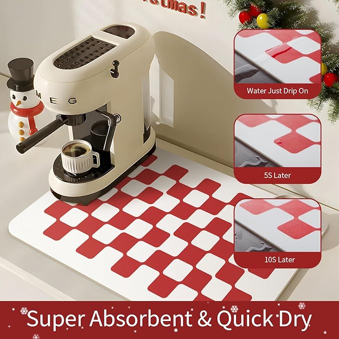 Red Dish Drying Mat Hide Stain Coffee Bar Mat Fast Dry Modern Checkered Kitchen Accessories Non Slip Mat, New Year Gift for Family Friends Home Decor,Red Checkered