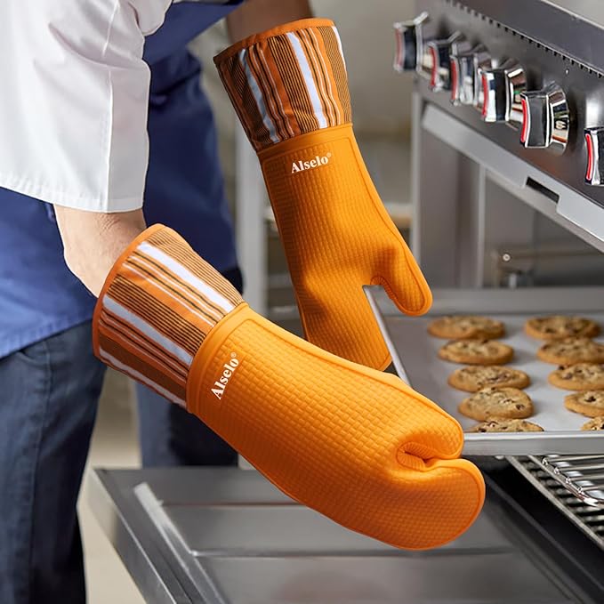 Oven Mitts Heat Resistant Silicone Kitchen Gloves for 550 Degrees with Waterproof and Non-Silp, Oven Gloves for Baking Cooking Barbecue Microwave Machine Washable (Extra Long Orange, 2)