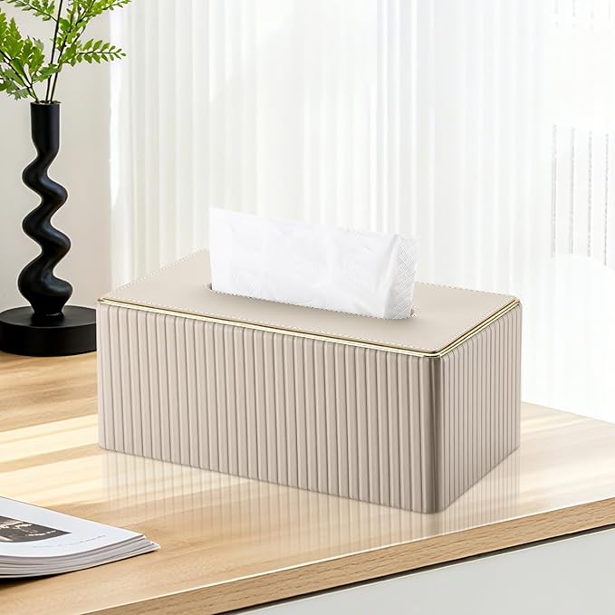 KINGFOM Rectangular Tissue Box Cover, PU Leather Tissue Box Holder with Magnetic Bottom, Napkin & Facial Tissue Holder Dispenser Decorative Box Cover for 120-count (3-Ply) 160-count (2-Ply) Beige