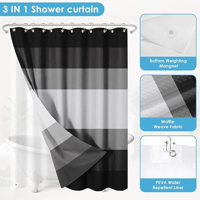 Nesphy Shower Curtain and Liner, Grey and Black White Striped 3 in 1 Shower Curtain and PEVA Liner Set with 12 Rust-Resistant Metal Hooks, Waterproof Fabric Shower Curtains for Bathroom, 72 W x 72 H