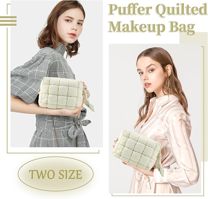 Puffer Quilted Makeup Bag Cosmetic Bags,Puffy Travel Toiletry Pouch for Women,Cute Checkered Zipper Bag Travel Essential,Portable Aesthetic Make up Organizer Bag for Gifts Work Daily(Beige,S)