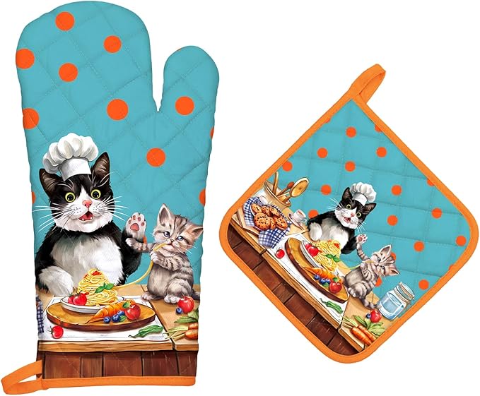 Cute Cat Oven Mitts and Pot Holders Sets 2Pcs, 100% Cotton Heat Resistant, Extra Long Oven Gloves Potholder for Kitchen Cooking Baking Decoration