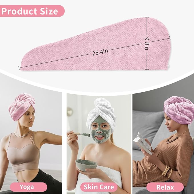 my novel things 3 Pack Hair Towel Wrap for Women, 25.4" x 9.8" Microfiber Towels, Super Absorbent Quick Dry with Button for Curly Hair Anti Frizz (Pink,White,Purple)