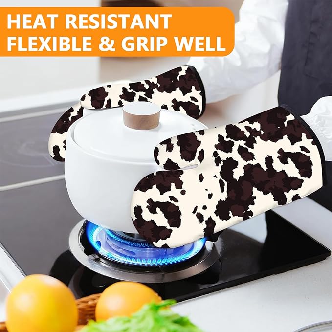 Black Cow Print Oven Mitts and Pot Holders Sets 4Pcs,Extra Long Oven Gloves Potholder for Kitchen Cooking Baking BBQ 100% Cotton Heat Resistant