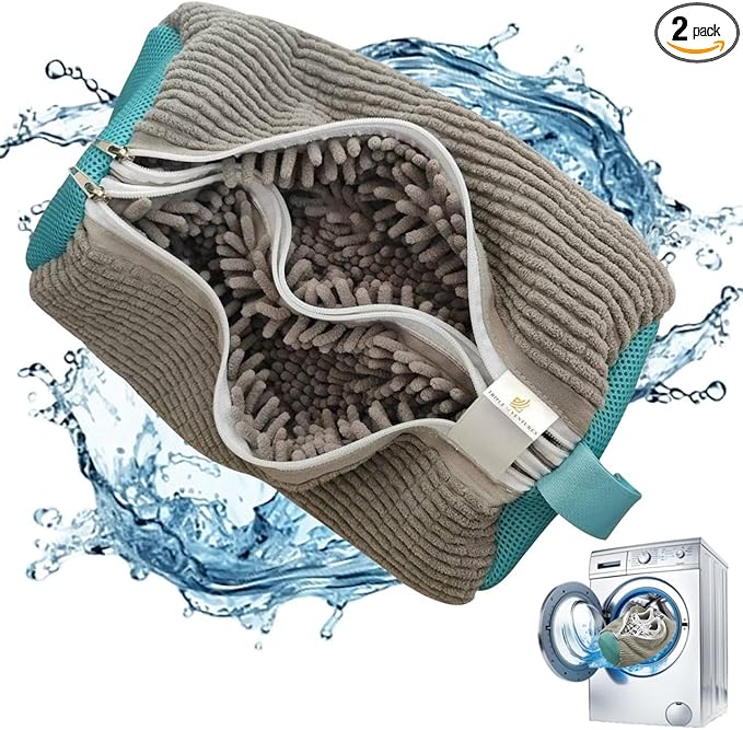 Triple M Ventures Double Shoe Washing Bag for Washing Machine, Grey, Polyester, 360 All-Round Cleaning, 2 Pack, 2 Pairs of Shoes Simultaneously, Zipper Closure