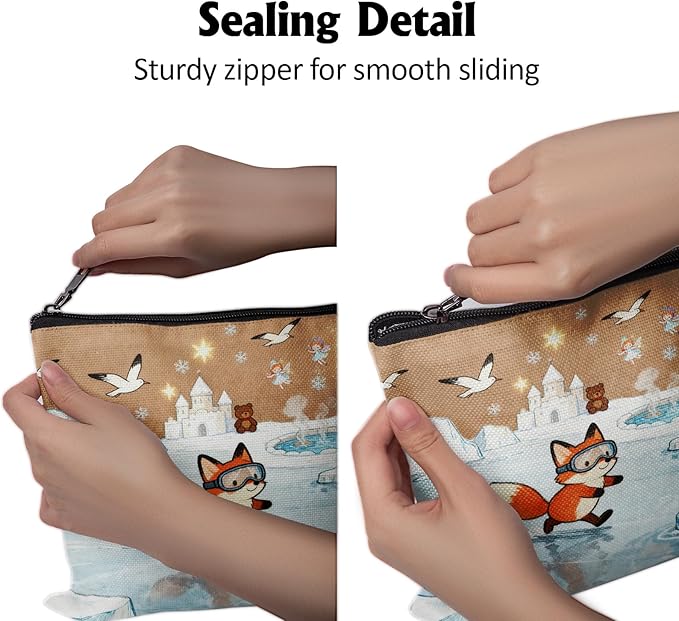 Cafl Fox Ice Skating Makeup Bag Travel Large Fox Cosmetic Bag Organizer toiletry Essentials Jewelry Zipper Bag Gift For Women -10×8 inch