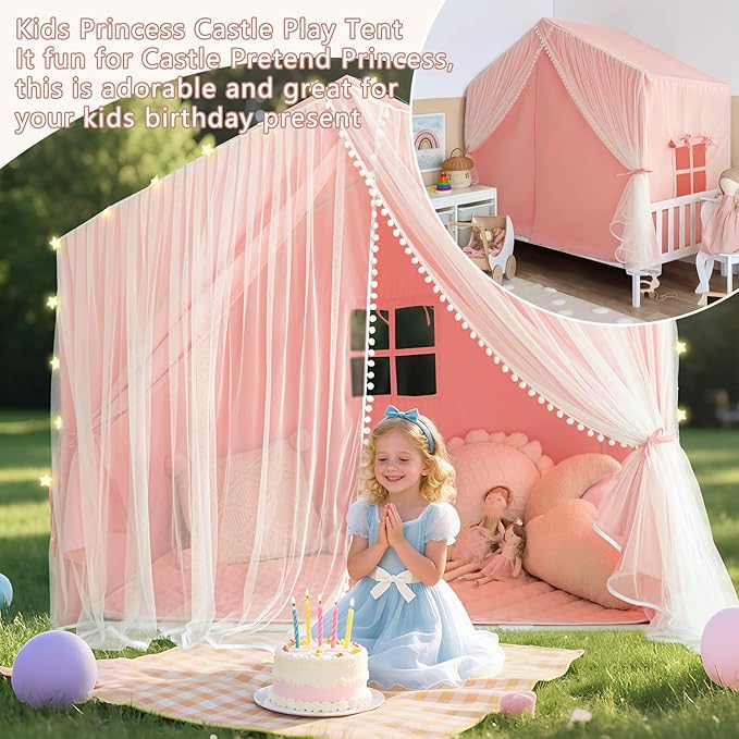 Kids Tent with Mat, Kids Play Tents Indoor, Princess Tent for Girl, Toddler Tents Playhouse for Kid, Large Play Cottage Pink, Kid Toys for Girl Birthday Gift