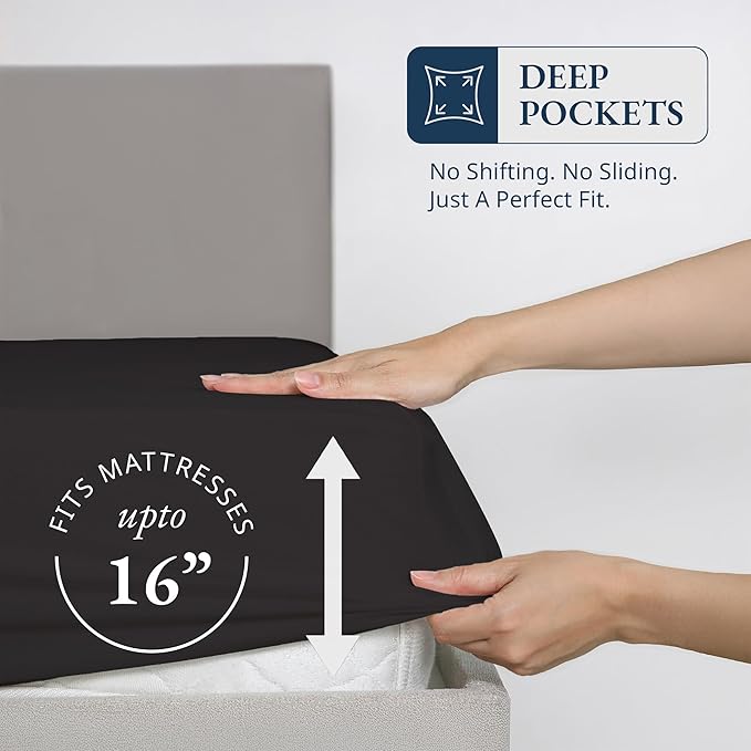 Lane Linen 100% Egyptian Cotton King Size Fitted Sheet Only (79"x81" + 16") - Elegant Sateen Weave, Ultra Soft, Breathable, Highly Durable, Deep Pockets Upto 17" - Black
