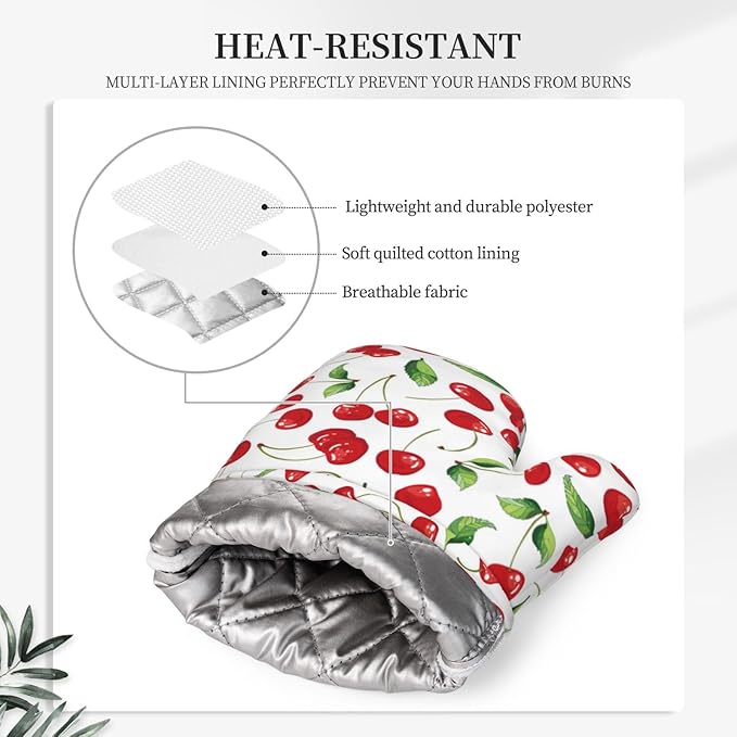 Cherry Fruit Pattern Oven Mitts and Pot Holders Sets Silicone Watercolor Cherries Kitchen Mitts Potholders Heat Resistant 4Pcs Oven Gloves Hot Pads for Kitchen Baking Cooking BBQ Grilling