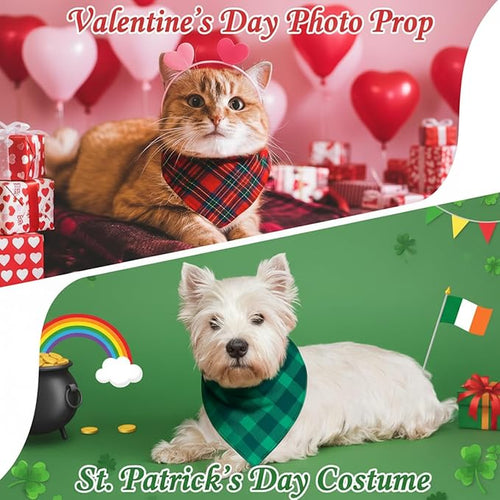 Abbylike 50 Pcs Valentine's & St. Patrick's Day Dog Bandanas Bulk Red & Green Plaid Bandanas for Dogs Triangle Kerchief Bib Scarf for Pet Holiday Costume Photo Props Accessories (19.7 x 13.8 x 13.8)