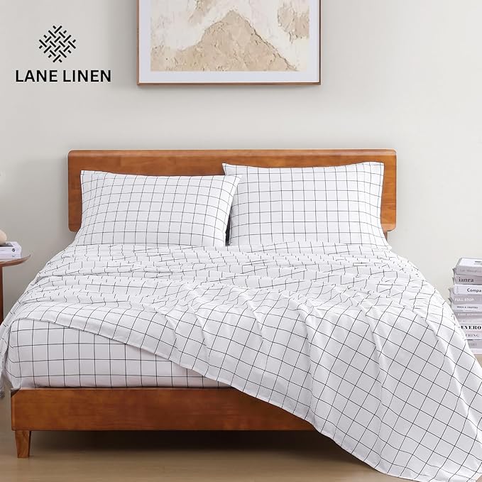 LANE LINEN 100% Organic Cotton Twin XL Bed Sheets, Sustainably Produced Okeo Tex Certified Cotton Sheets, Luxury Hotel Percale Soft & Comfy Comes in Variety of Prints & Colors - Windowpane
