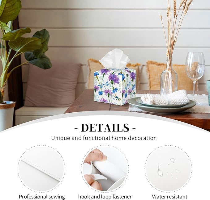 Watercolor Flowers and Dragonflies Tissue Box Cover Square,Purple Blue Floral Tissue Box Holder Waterproof Leather Facial Paper Organizer Dispenser for Bathroom Home Car Nightstand Vanity Desk
