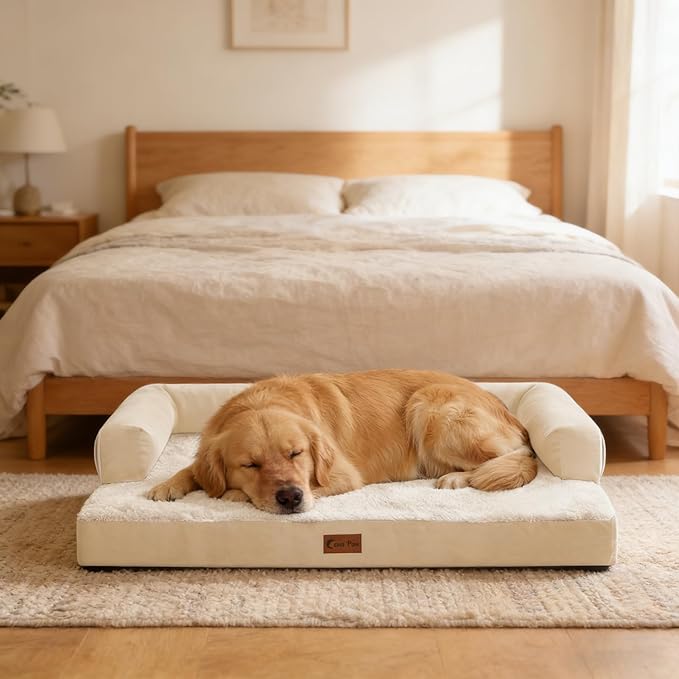 Casa Paw Orthopedic Dog Beds for Extra Large Dogs, Waterproof Egg Crate Foam XL Dog Bed with Sides 41x27Inch, Washable Big Dogs Couch Beds with Removable Cover and Nonskid Bottom, Beige