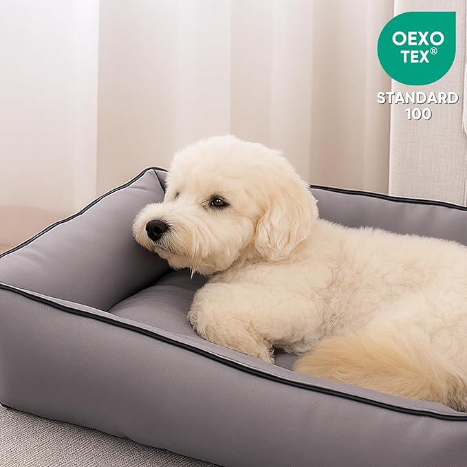 FuzzyTrek Waterproof Oxford Dog Bed, Foldable Crate Mat for Small Medium Dogs, Orthopedic Pet Cushion with PP Cotton, Chew Resistant, Anti-Slip Base, Indoor Outdoor Washable Portable Bed, Gery