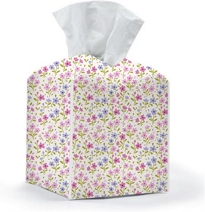 Tissue Box Cover, Tissue Box Holder, Square with Belt Bottom, PU Leather Decorative Organizer for Desk, Tabletop, Countertop Bathroom, Toilet Car, Office, Bedside Kitchen, Aesthetic Flower Decor