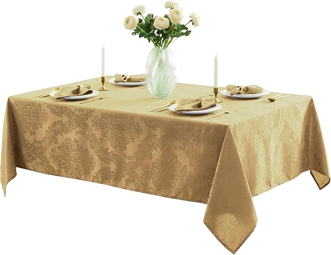 Newbridge Barcelona Damask Fabric Tablecloth, 52 x 52 Inch Square, Gold – No Iron, Soil Resistant Table Cover for Dining, Parties and Holidays