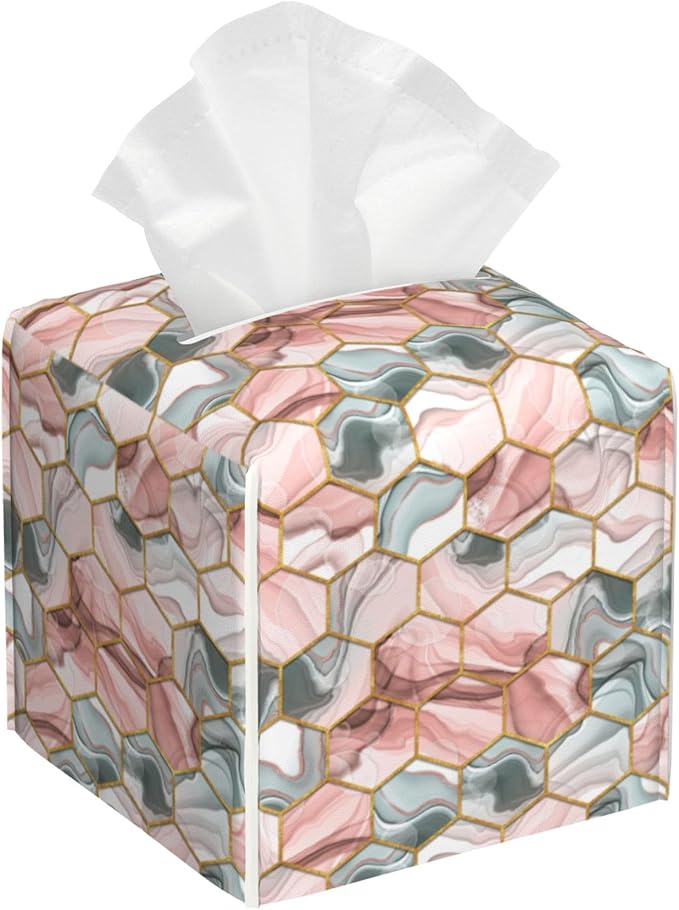 BLYKVGHQ Abstract Geometric Square Tissue Box Cover Pink and Gray Hexagon Tissue Box Holder Facial Cube Paper Dispenser Leather Decorative Organizer Home Office Desk Decor, 5.2"x5.2"x5.2"