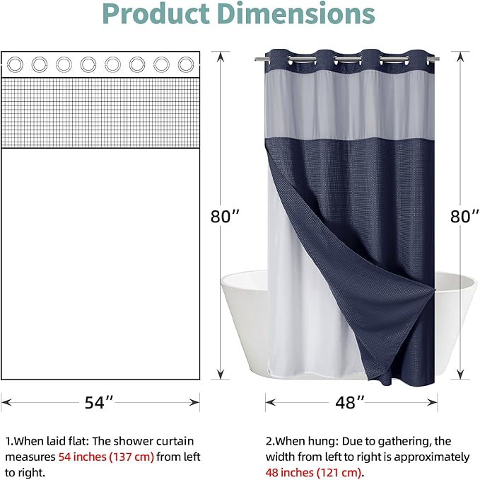 eachope Navy No Hook Waffle Weave Shower Curtain with snap-in Liner Replacement, 230GSM Waterproof Fabric Hotel Shower Curtain Set for Bathroom, Through Mesh Top Window,54Wx80H
