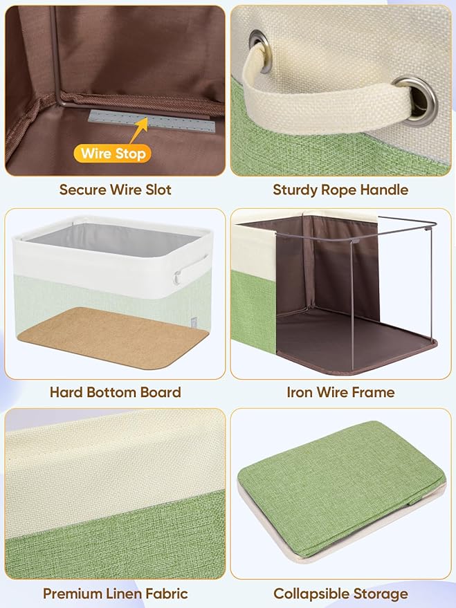 BALEINE 1 Pack Fabric Storage Bins for Shelves, Linen Storage Baskets for Organizing, Decorative Closet Bins for Clothes, Home (Green, 15''x11''x9.5'')