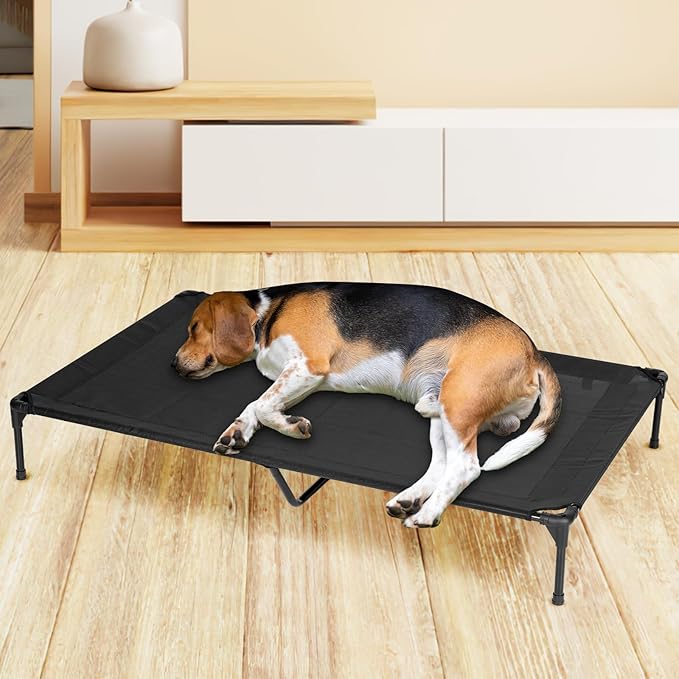PVY Elevated Dog Bed for Outdoor, XL Raised Dog Cot with Washable Mesh, Cooling Pet Cot Chew Proof for Outside Camping, 49"x33" Brown