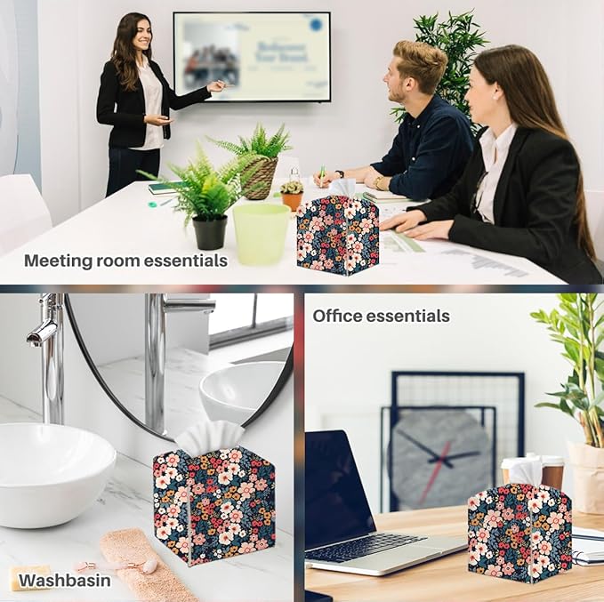 Tissue Box Cover, Tissue Box Holder, Square with Belt Bottom, PU Leather Decorative Organizer for Desk, Table, Countertop Bathroom, Toilet Car, Office, Dresser Bedside, Aesthetic Floral Decor