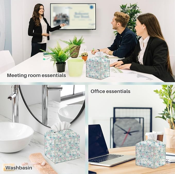 Tissue Box Cover, Tissue Box Holder, Square with Belt Bottom, PU Leather Decorative Organizer for Desk, Tabletop, Countertop Bathroom, Toilet Car, Office, Dresser Bedroom, Aesthetic Flower Decor