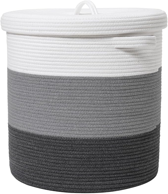 16" x 16" x 18" Extra Large Storage Basket with Lid, Cotton Rope Storage Baskets, Laundry Hamper, Cloth Bin, for Clothes Towels Blankets Pillows Storage in Living Room, Grey/Dark Grey with Cover