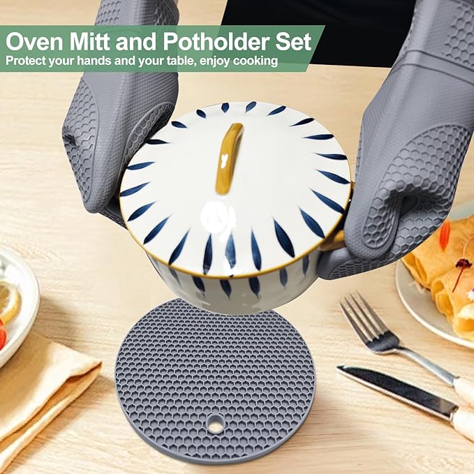 Silicone Oven Mitts and Pot Holders Sets 3PCS for Kitchen, Oven Gloves Heat Resistant 500°F, Non-Slip Silicone Potholder 7.1”, Thick Oven Mitts & Thick Hot Pads Protection for Cooking, Grey