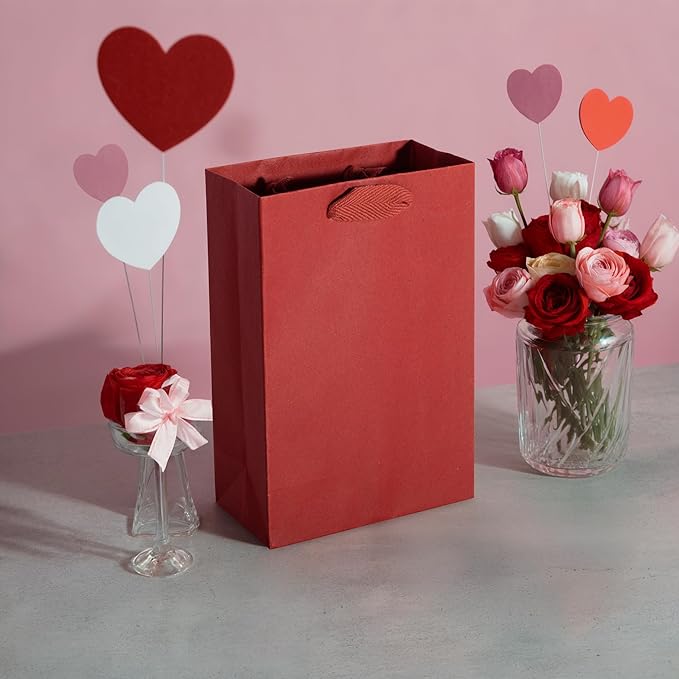 Prime Line Packaging Red Gift Bags with Handles, Mini Kraft Paper Goodie Bags for Christmas, Holiday, Treats, Wrapping, Shopping, Party Favors, Bulk, 6x3x9, 50 Pack
