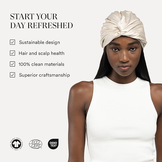 Essentials by Clementine Organic Hair Bonnet in Champagne Sunset | Silver Ion Silk Lined Bamboo Sleep Cap for Frizz-Free, Curly Hair, and Scalp Health