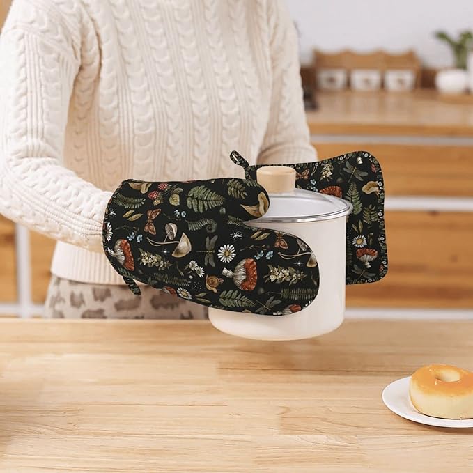 Mushroom Oven Mitts Pot Holders Set of 4 + Dish Drying Mat 16x18 Inch Vintage Magic Leaf for Kitchen