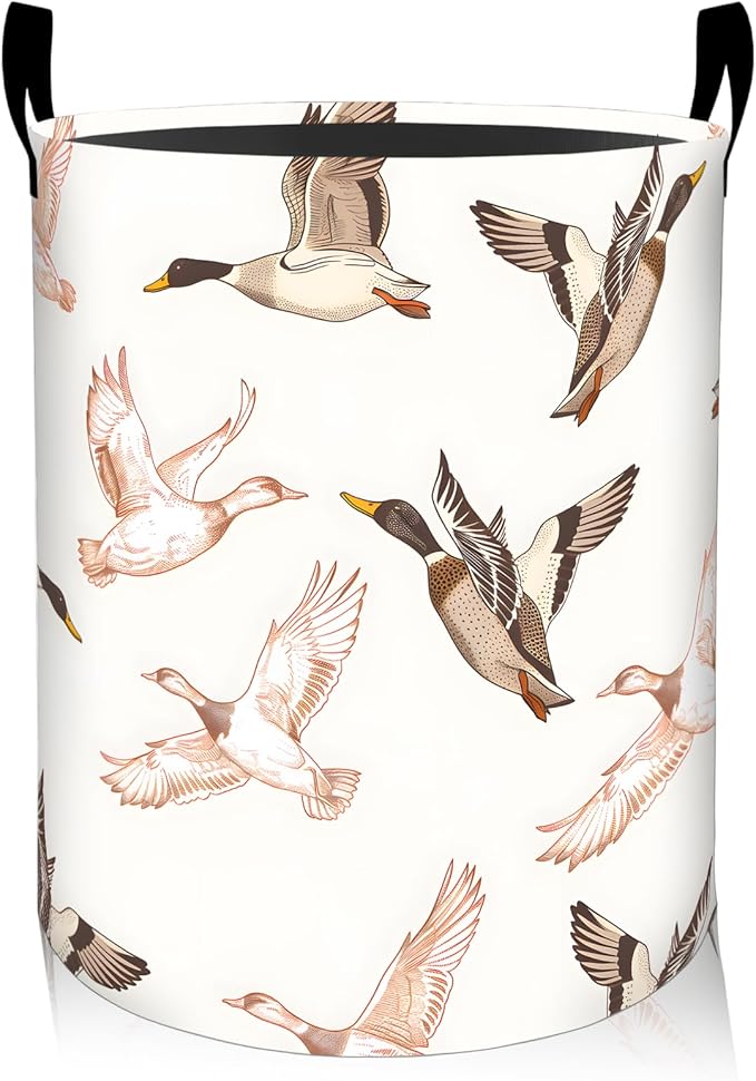 ainori Duck Laundry Basket, Oxford Cloth Rustic Nature Dirty Clothes Collapsible Hamper for Room Decor, Animal and White Background Print Gifts Toy Organizer 19.7*15.8 Inch for Bedroom Bathroom Dorm