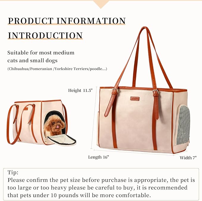 Lasaviin Fashion Dog Purse Pet Carrier Leather Bag for Small Dogs Cats Puppy, Portable Tote Bag Airline Approved Soft-Sided Carriers (Beign)