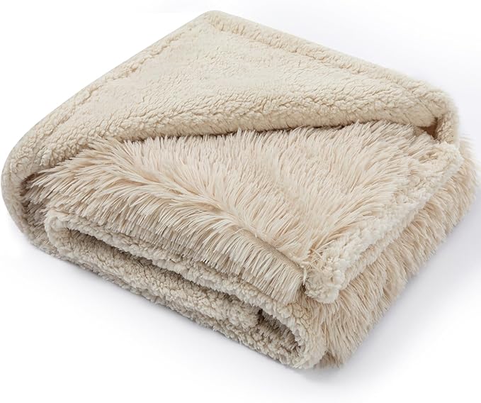 Maidewow Faux Fur Waterproof Calming Dog Blanket Fluffy Sherpa Pets Blanket for Couch Covers Double-Sided Reversible Cats Bed Cover for Pet(Cream,S-40x28in)